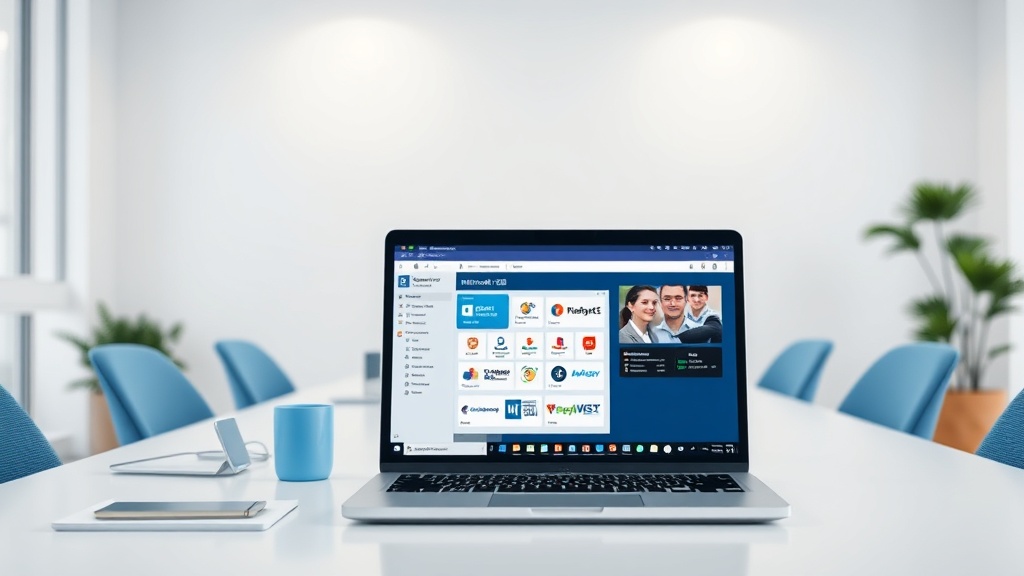 "Modern office setup with a laptop displaying Microsoft Teams interface and workspace elements around" – 365 Angels