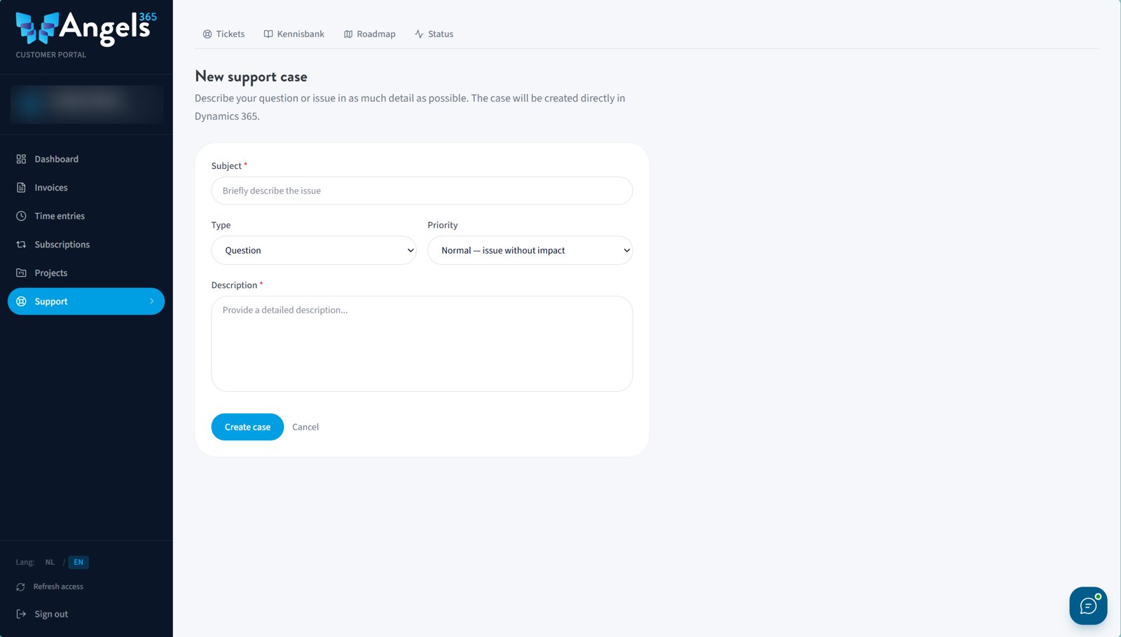 New support case in the 365 Assistance customer portal