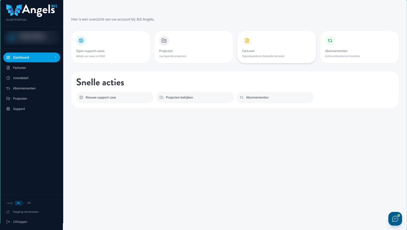 Dashboard van het 365 Assistance-klantportaal